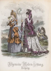 Duas senhoras, moda placa do &39;Allgemeine Moden-Zeitung&39;, Leipzig, 1872